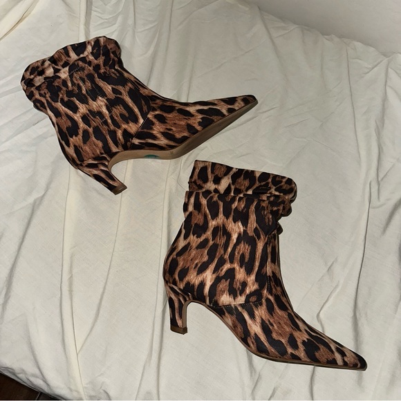 Jessica Simpson Shoes - Kitten Heel Jessica Simpson Leopard Heeled Boots with Pointed Toe & Ruched Ankle